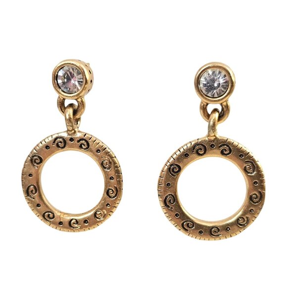 Gold Tone Drop Earrings W/ Clear Crystal Studs & Text Engraved Open Circle - Picture 1 of 5